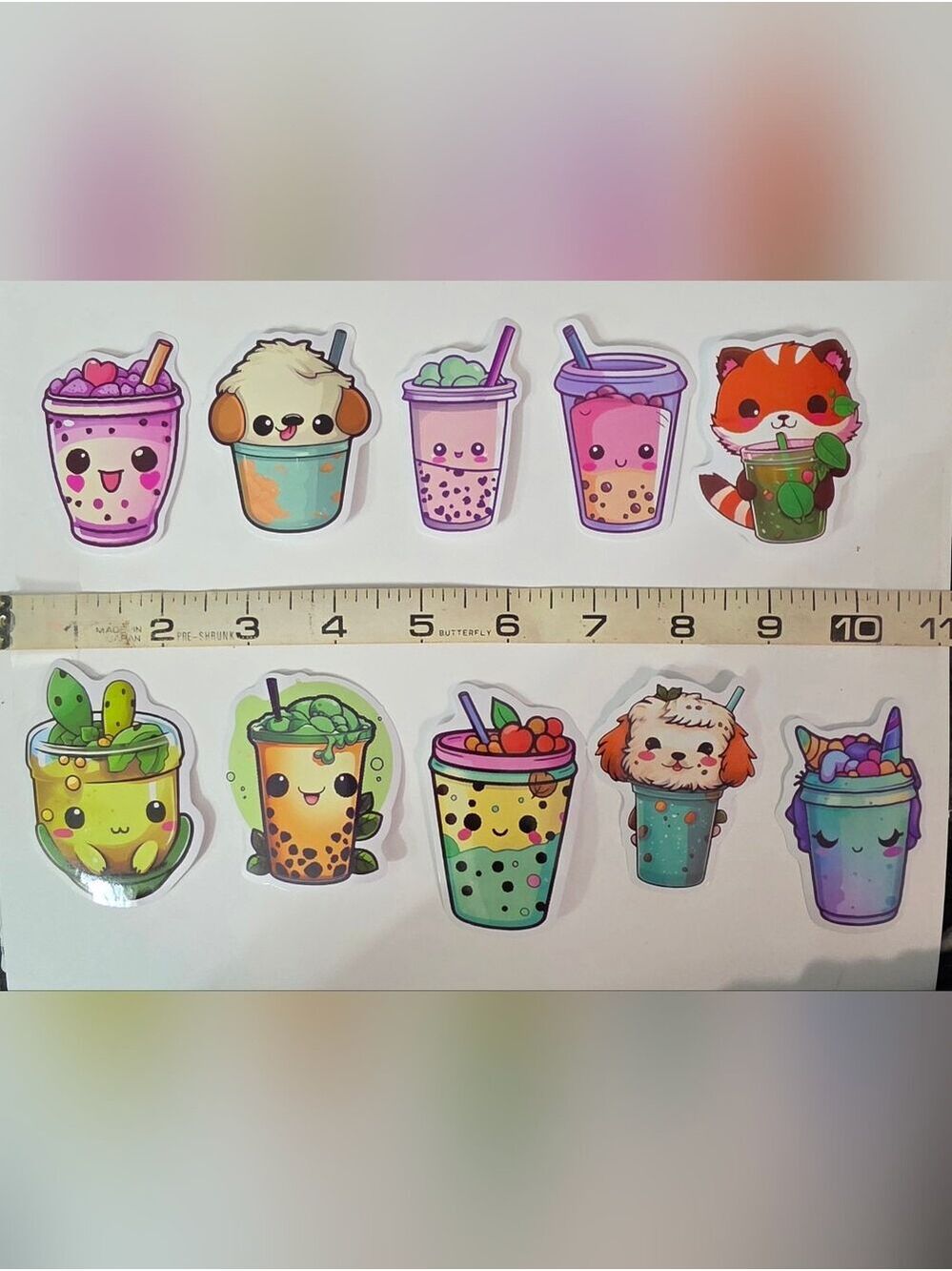 Lot Of Ten Cute Bubble Tea Pet Sticker Set - Green, Purple, Pink